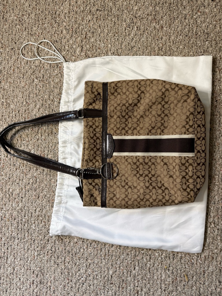 Vintage Coach Brown Signature Canvas Tote With Center Stripe
